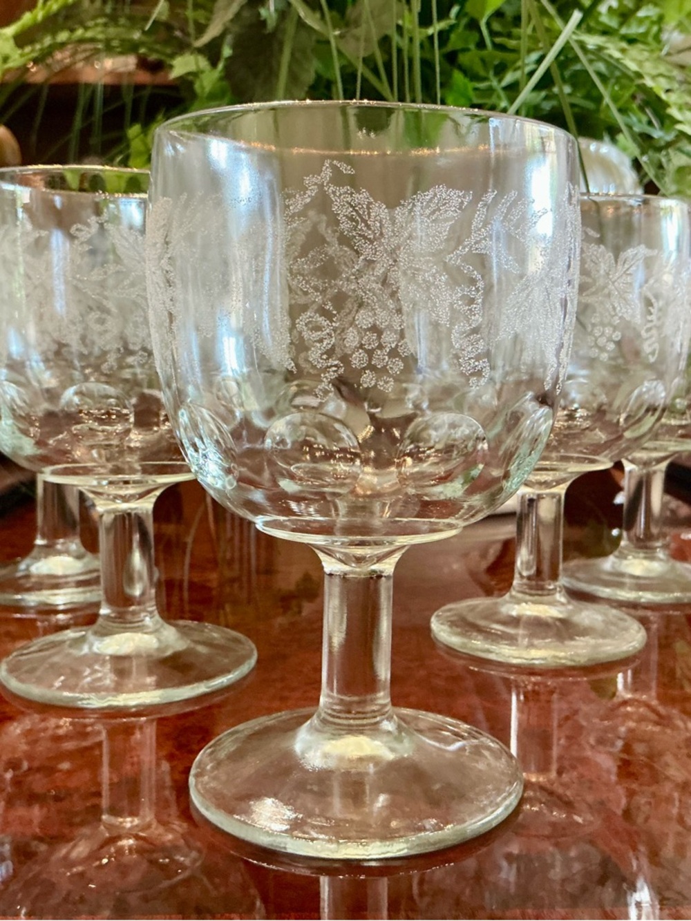 Vintage Bartlett Collins Grape Gold Rim Leaf Etched Glass Goblets (set of 5)